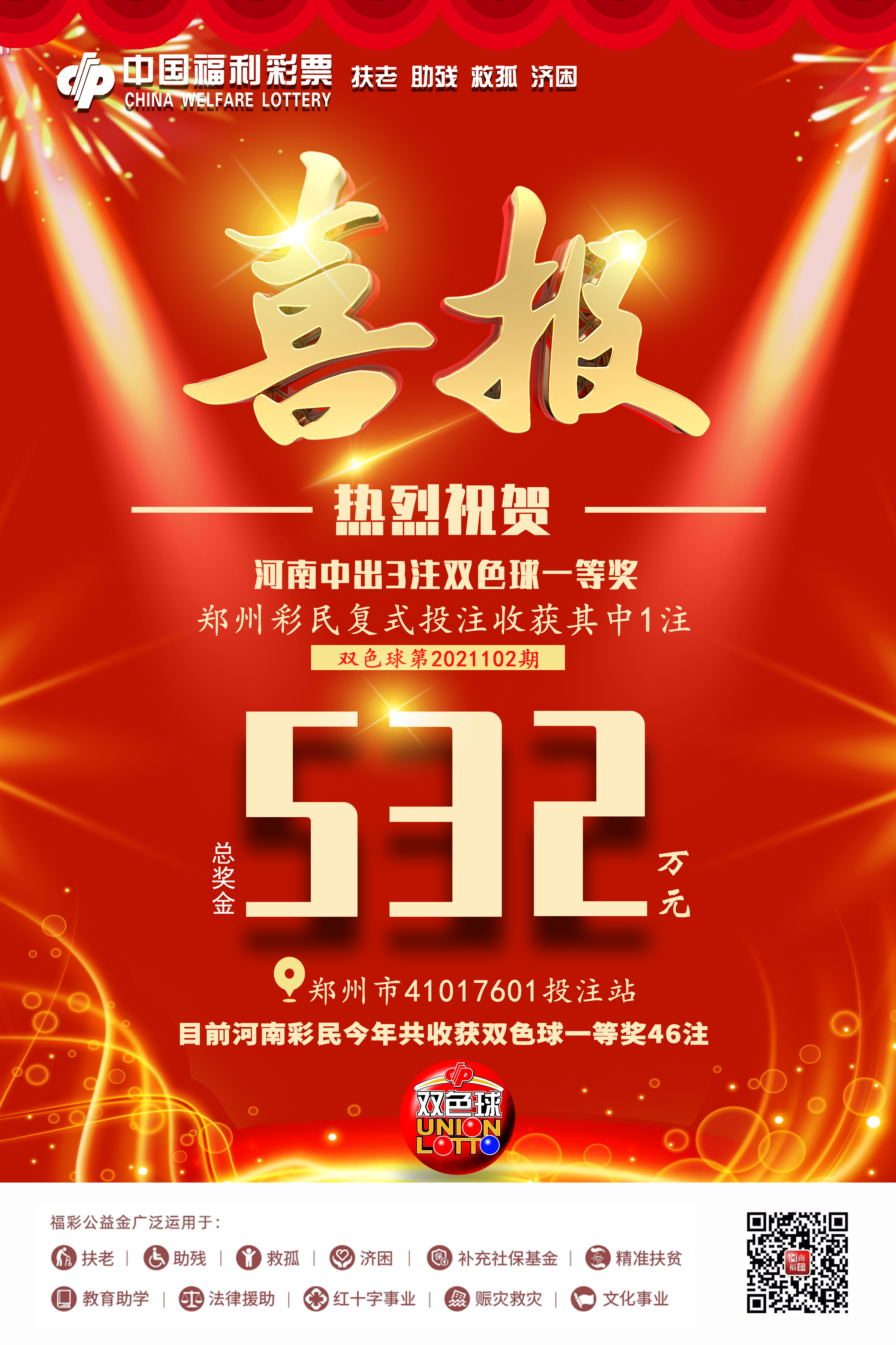 昨晚,河南彩民中出3注双色球一等奖