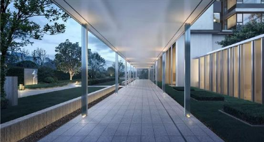 东原设有约52米风雨连廊,串联起园林景观及归家路线,住户进入小区之后