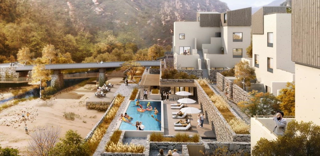 天空院子效果图小镇的美好畅想正在有条不紊地呈现,未来三年,浮戏山