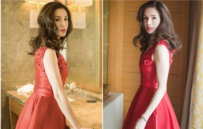 李若彤一袭红裙女人味十足 俯身提鞋小露事业线